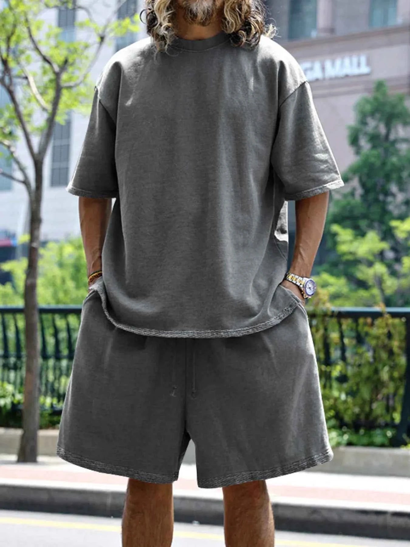 Men's Full Size Round Neck Short Sleeve Top and Shorts Set Plus Size